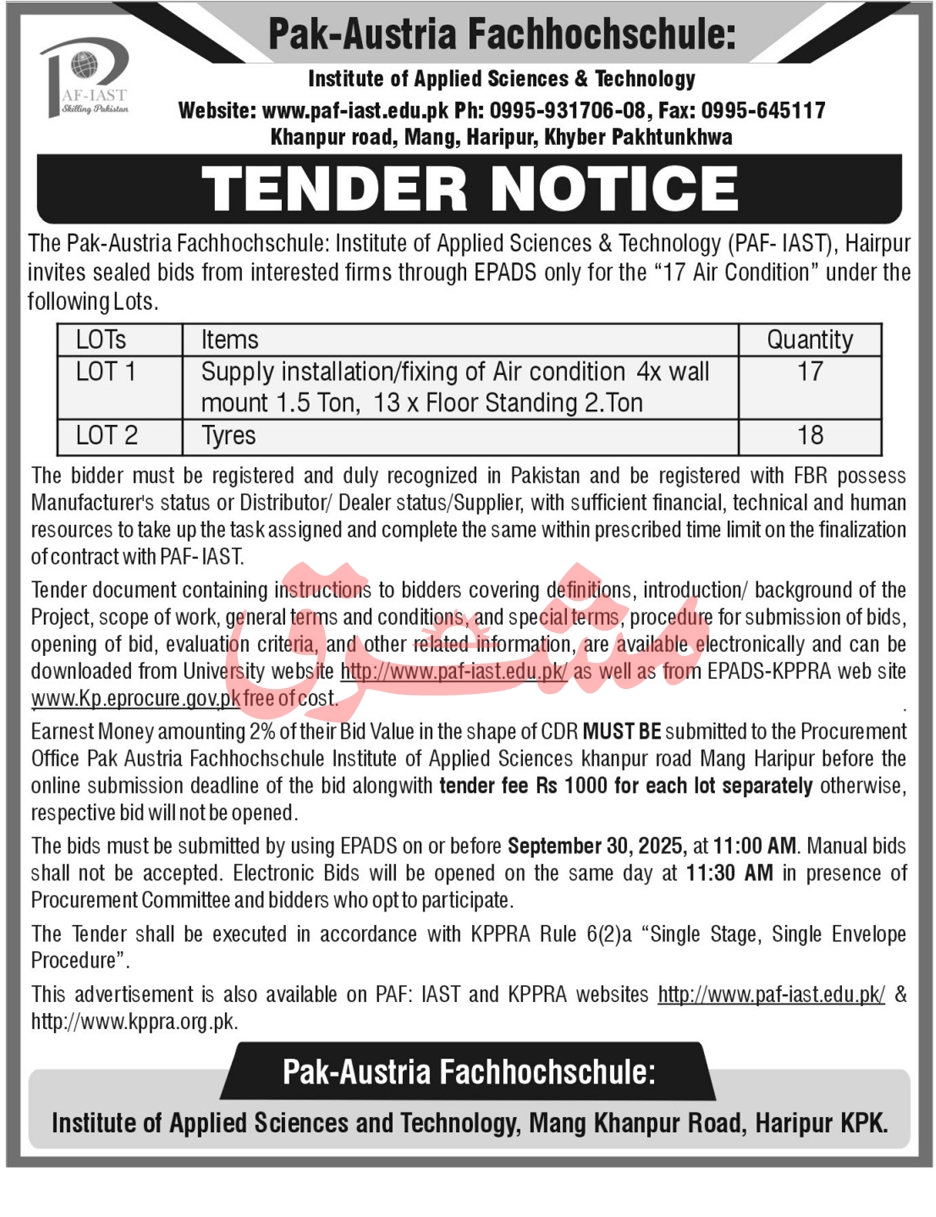 Pak Austria Fachhochschule Institute of Applied Sciences & Technology Tender Notice